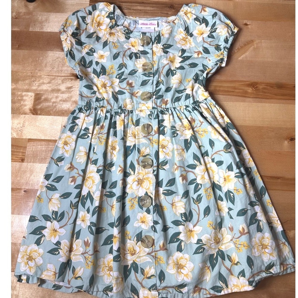 Little‎ Lass Floral Dress Girls 4T Sage Green Excellent Button Front Spring